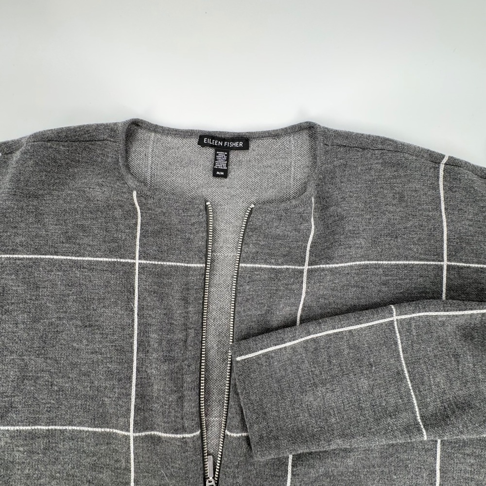 EILEEN FISHER Gray White Grid Zip Front Cardigan Sweater Women's M